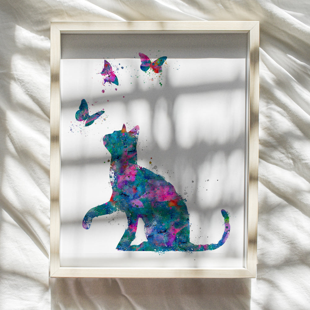 Cat Wall Art - Butterfly Room Decor, Home Decoration for Kids Bedroom, Living Room, Girls, Teens, Toddler, Baby Room or Nursery - Cute Cat Wall Decor Gift for Kitty, Pet Lover - Colorful Watercolor