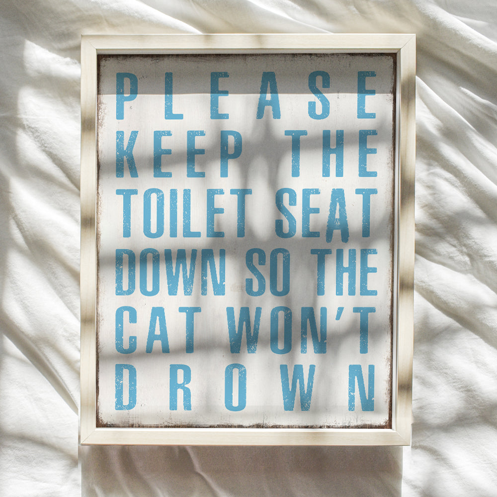 Cat Bathroom Decor - Cat Wall Art - Cat Wall Decor - Cat Poster 8x10 - Cute Cat Lover Gifts for Women - Cat Decorations - Funny Bathroom Decor - Blue Bathroom Accessories - Powder room decoration