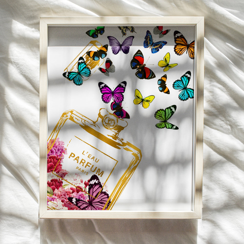 Fashion Wall Art & Decor with Butterflies - Glam Wall Decor - Designer Perfume Bottle - Bling Gift for Women Woman Wife Fashionista - Luxury Glamour Fashion design, Haute couture Fans - 8x10 UNFRAMED