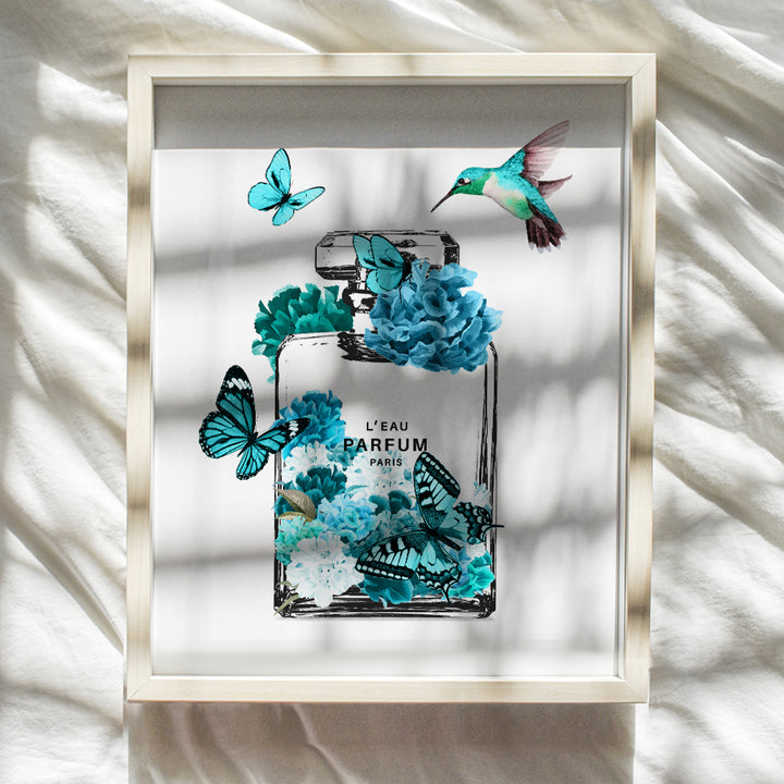 Fashion Wall Art - Blue Glam Wall Decor - Luxury High Fashion design Poster - Hummingbirds Butterflies Gift for Women Teen Girls Bedroom Bathroom Living room decoration - Designer Perfume