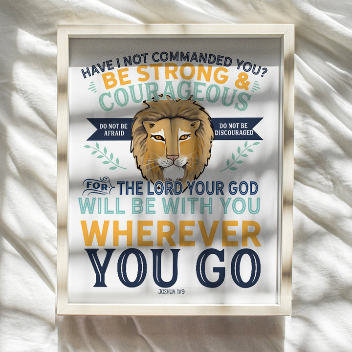 Motivational Religious Bible Verse Wall Art - Inspirational Christian Scripture - Lion Wall Decor for Home, Sunday School, Kids or Boys Bedroom, Living Room, Church - Catholic Gifts - Jungle Animal