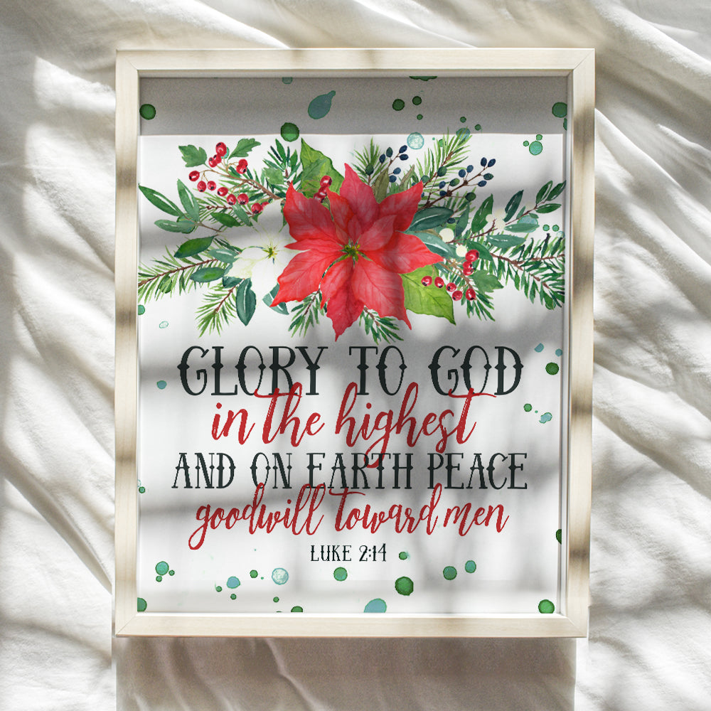 Religious Wall Decor, Christmas Decorations - Christian Scripture Bible Verse Wall Art - Red Poinsettia Holiday Decorations, Accessories or Gift - 8x10 UNFRAMED Picture