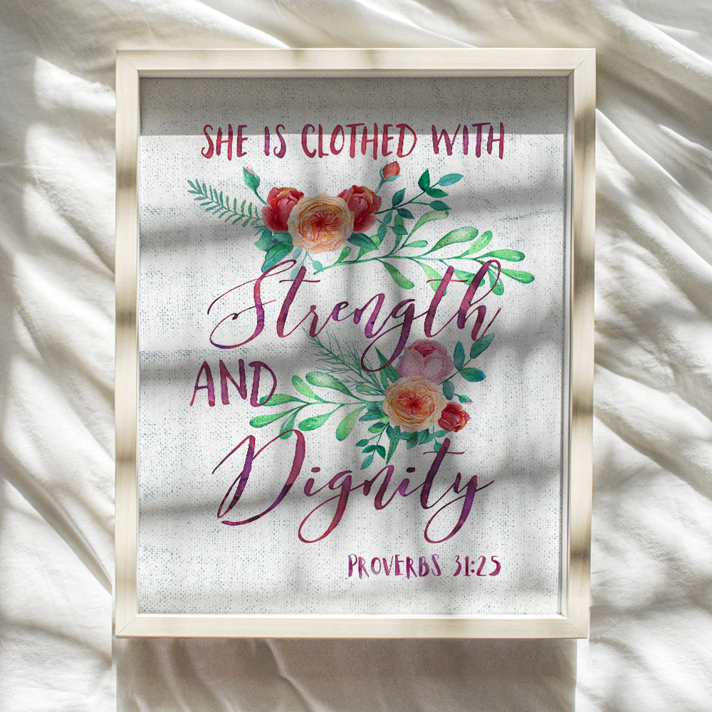 She is Clothed With Strength and Dignity - Christian Wall Decor - Proverbs 31 - Bible Verse Wall Art - Scripture Wall Decor - Inspirational Gift for Women, Girls - Religious Gifts - God Wall Decor