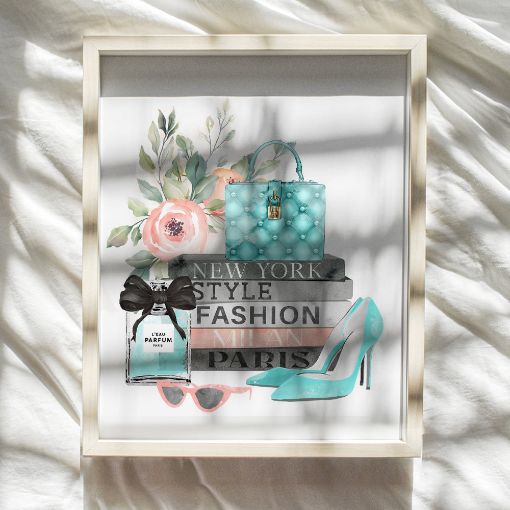 Blue High Fashion Wall Art - Designer Handbag, Purses, Shoes, Perfume - Glam Wall Decor - Luxury Gift for Women - Cute Bathroom decoration Teens Room, Girl Bedroom - Boho-chic Shabby chic Poster