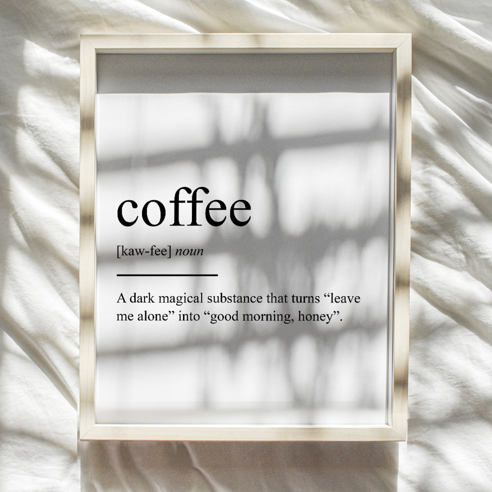 Coffee Typography Art Print - Funny Wall Art Poster - Chic Modern Home Decor for Kitchen, Office - Great Gift for Java and Espresso Lovers - 8x10 Photo- Unframed