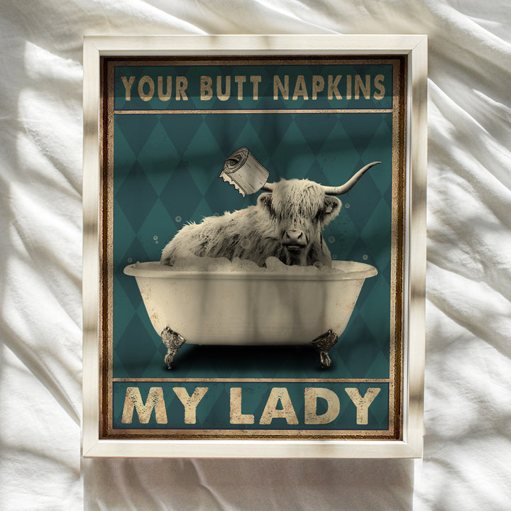 Cow Bathroom Wall Art & Decor - Butt Napkins My Lady - Highland Cow Bathroom Wall Art - Farmhouse Bathroom Decorations - Funny Guest Bathroom Pictures - Bath Wall Decor - Cute Accessories