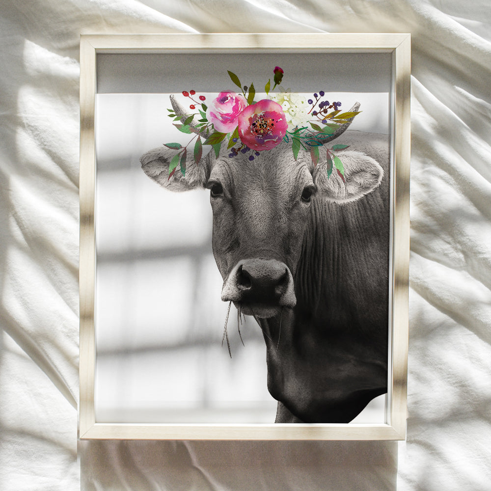 Cow Wall Decor - Cow With Flowers Wall Art - Farmhouse Wall Decor - Room Decorations for Home, Bathroom, Bedroom, Kitchen, Dining Room, Living Room - Gift for Women - UNFRAMED Picture Poster