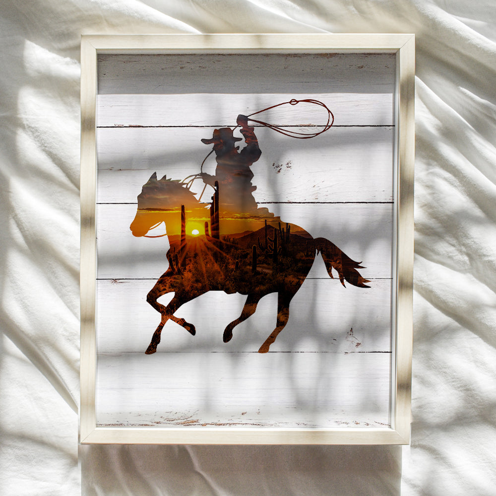 Western Decor - Western Wall Art - Cowboy Wall Decor - Ranch Decor - Horse Wall Art Decor - Roping Silhouette Room Decorations Poster Print - Gift for Rodeo Fans