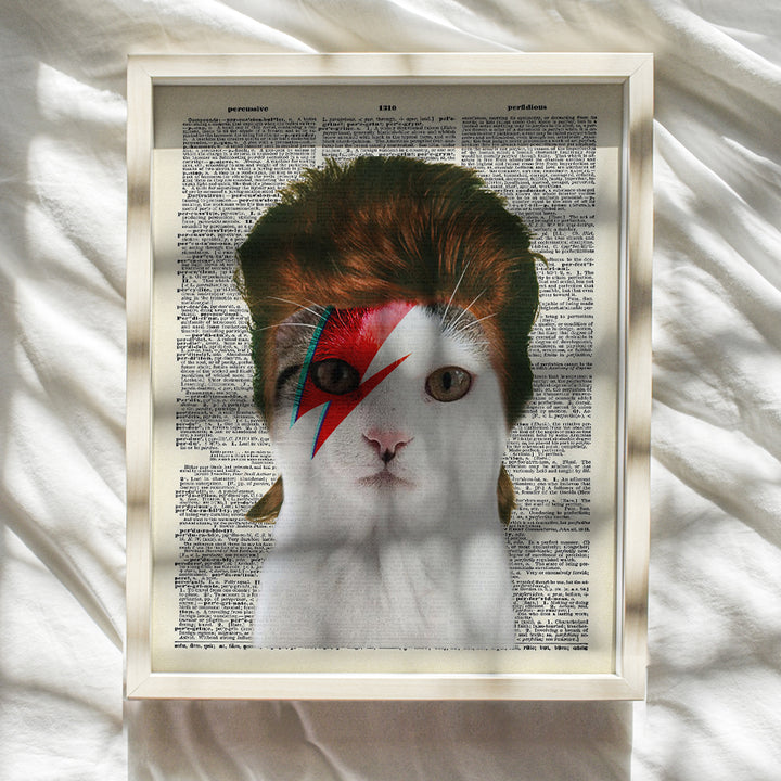 Poster of David Bowie Cat Wall Art - 8x10 Funny Upcycled Dictionary Cat Wall Decor for Vet, Veterinarian Office, Home, Bedroom - Unique Gift for 70s, 80s Punk Rock Music, Ziggy Stardust Fans