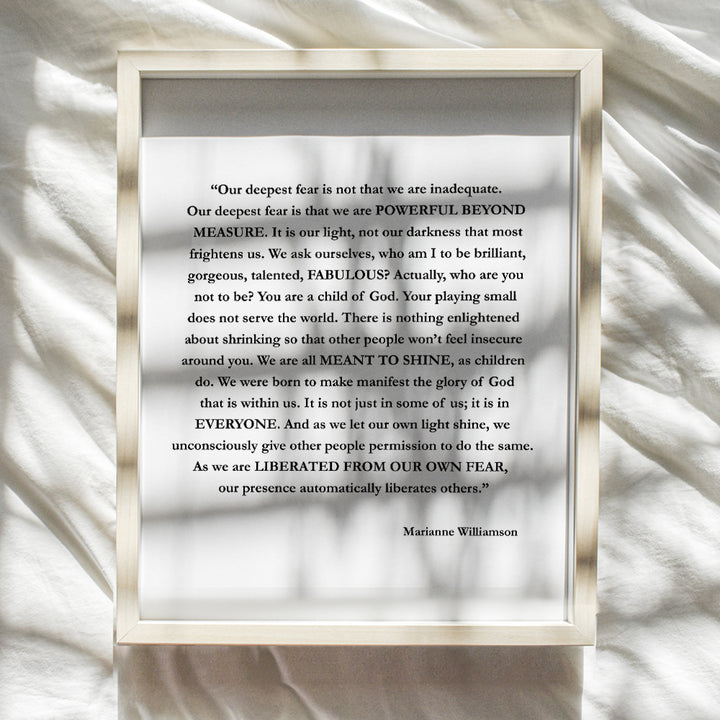 LARGE 11X14 - Marianne Williamson Deepest Fear Quote Wall Art Print - Perfect for Office and Home Decor - Makes a Great Affordable Gift - Inspirational and Motivational - Ready to Frame Photo