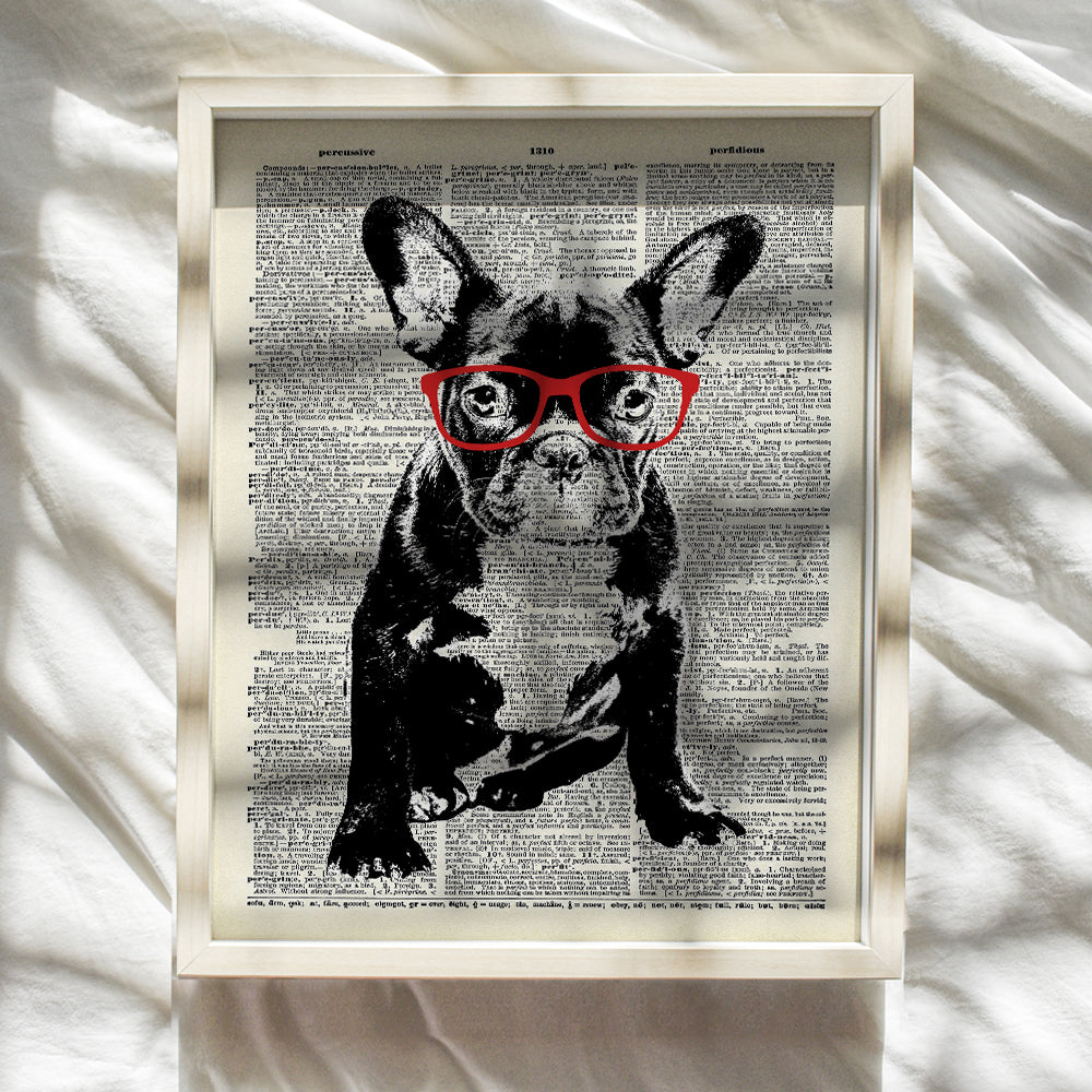 French Bulldog in Red Glasses - Dictionary Wall Art Print - 8X10 Photo Print - Cool Home Decor or Gift for Animal or Dog Lover, Veterinarian, Vet Office - Unframed Poster Picture