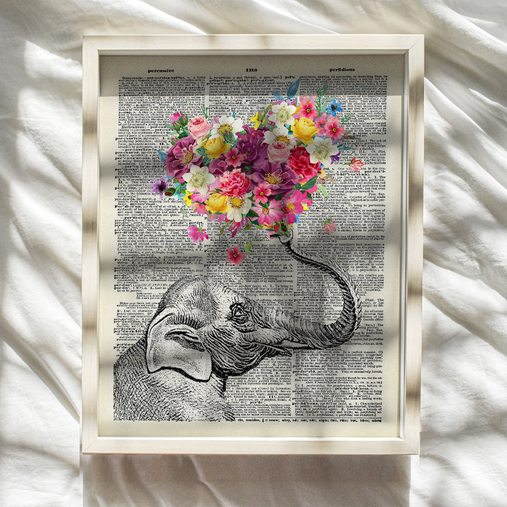 Elephant Dictionary Art Print - 8x10 Sweet Shabby Chic Poster for Home, Wall, Room Decor, Decoration, Bedroom, Bathroom - Cool, Unique Romantic Gift for Girlfriend, Wife - Unframed Picture Photo