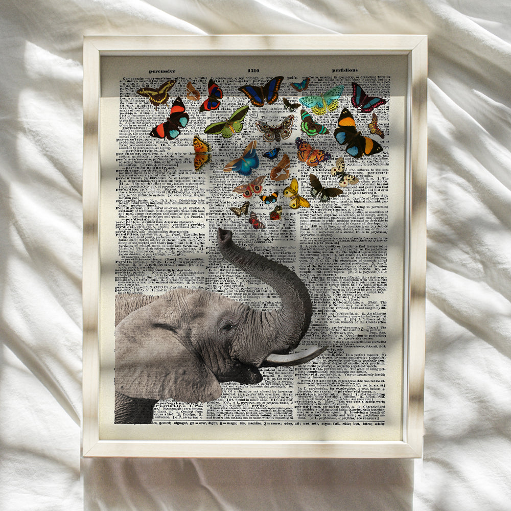 Elephant Butterfly Dictionary Art - 8x10 Vintage Wall Decor, Home Decoration for Bedroom, Living Room - Whimsical Unique Chic Gift for Nature and Animal Lovers - Unframed Poster, Picture, Print, Photo