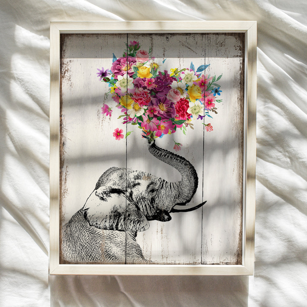 Elephant Floral Heart Boho Wall Art - Vintage Rustic Picture for Room Decor, Home Decoration, Bedroom, Bathroom, Apartment - Cute, Unique Romantic Gift for Women, Her, Wife - UNFRAMED Print