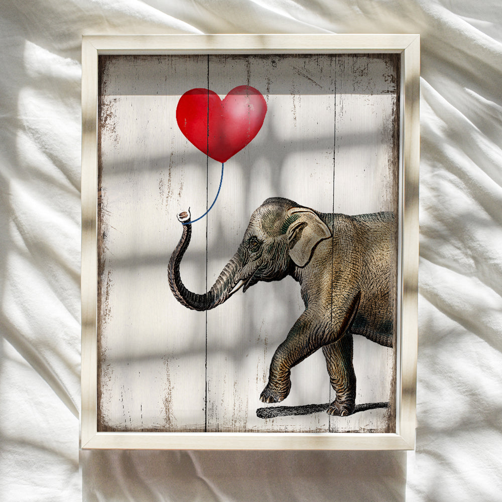 Elephant With Heart Balloon - Cute Unique Room or Home Decor for Women, Girls Room, Bedroom, Living Room - Rustic Vintage Sign Plaque Replica Wall Art Print - Romantic Gift - Unframed