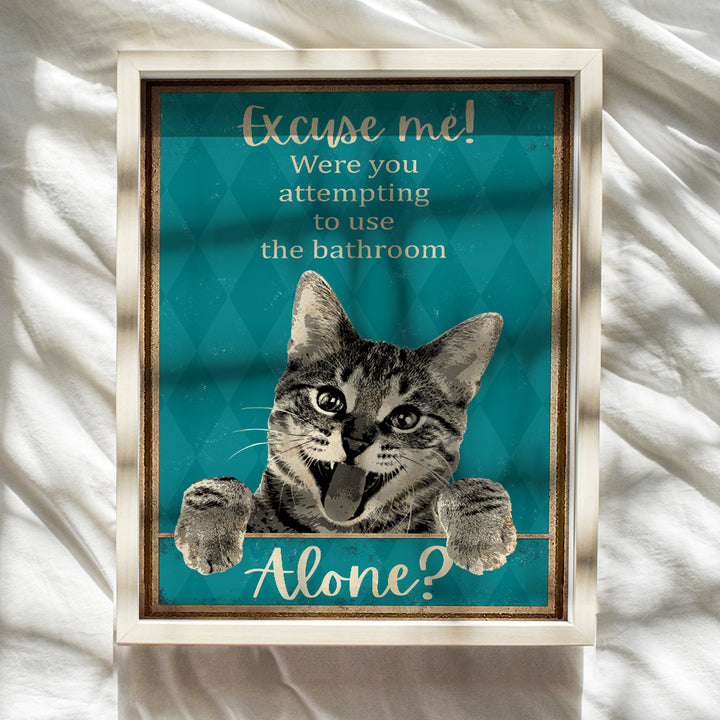 Funny Tabby Cat Bathroom Decor - Bathroom Wall Decor - Guest Bathroom - Restroom Sign - Bath Wall Decor - Blue Bathroom Decorations - Cat Gifts for Cat Lovers, Women, Girls - Powder Room Wall Art