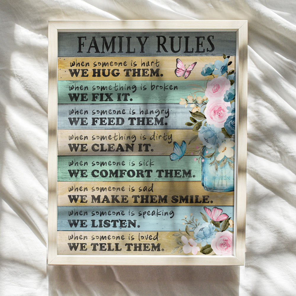 Family Wall Decor - Family Wall Art - Positive Quotes Wall Decor - Inspirational Wall Art for Women - Family Rules - Blue Butterfly Wall Decor - Rustic Shabby Chic Living Room Decor - 8X10 UNFRAMED