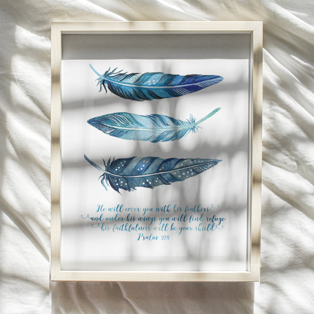 He Will Cover You With His Feathers Wall Art - Psalm 91 - Feather Wall Decor - Bible Verses Wall Art - Scripture Wall Decor - Christian Gifts - Inspirational Wall Art - Religious Wall Art