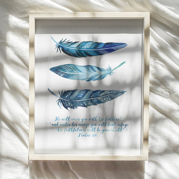 He Will Cover You With His Feathers Wall Art - Psalm 91 - Feather Wall Decor - Bible Verses Wall Art - Scripture Wall Decor - Christian Gifts - Inspirational Wall Art - Religious Wall Art