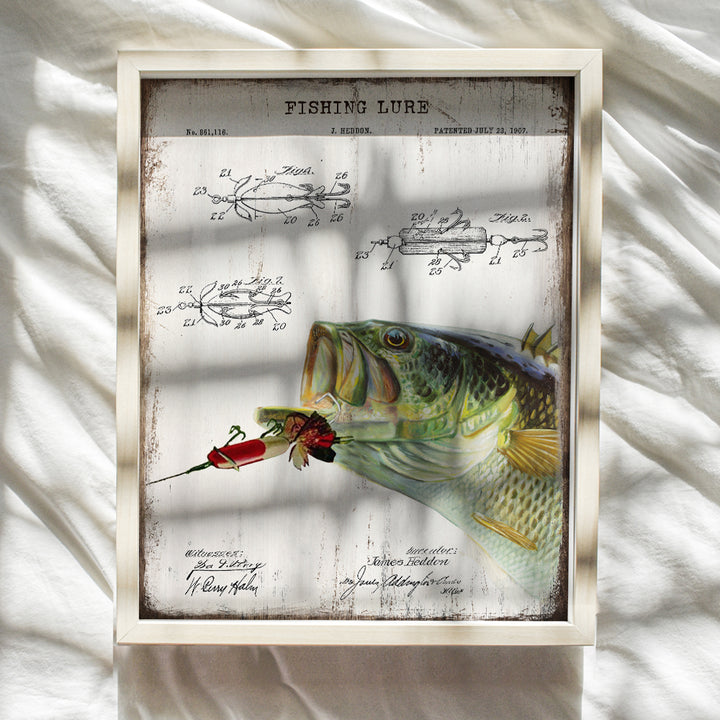 Rustic Fish Wall Art - Bass Lure Patent Print Poster - Photo Sign Plaque - Vintage Farmhouse Home Decor for Beach or Lake House, Man Cave, Living Room, Office - Fishing Gift for Men - 8x10 Unframed