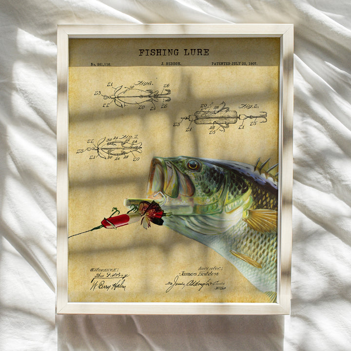 Fishing Patent Print - Fish Wall Art Poster - Rustic Vintage Home Decor for Beach or Lake House, Man Cave, Living Room, Office - Gift for Bass Fishermen, Anglers - 8x10 Photo Unframed