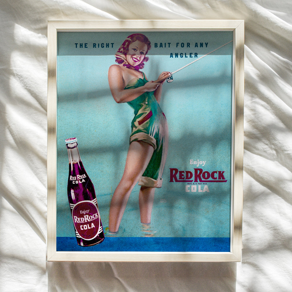 Fishing Pinup Girl - Unframed Wall Art Print - Great for Lake or Beach House, Man Cave - Chic Home Decor - Unique Gift for Fishermen, Anglers - Vintage 1950s Red Rock Ad - Ready to Frame (8x10) Photo