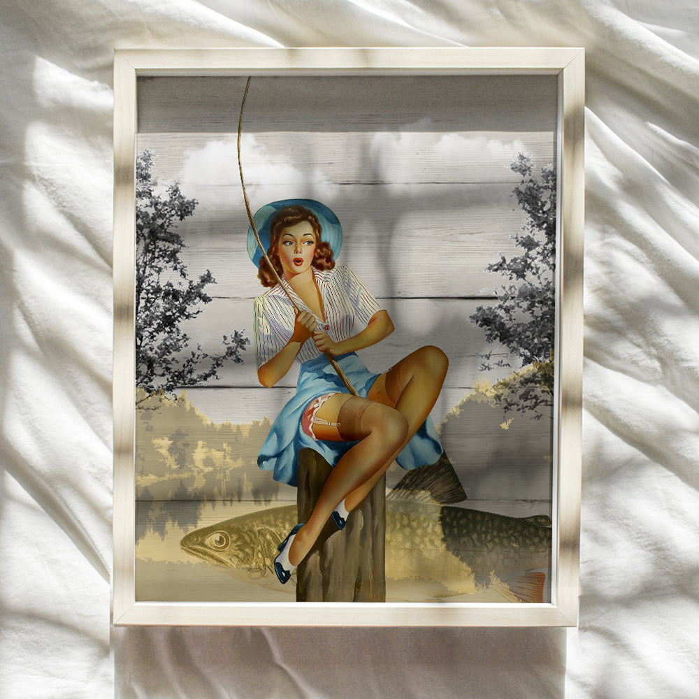 Rustic Fishing Pinup Girl Art Print - Retro Vintage 1950s Wall Art Poster - Shabby Chic Home Decor for Beach or Lake House, Den, Man Cave - Gift for Fisherman, 8x10 Photo Unframed