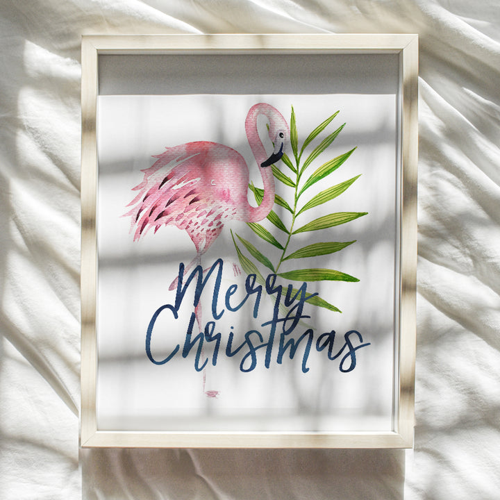 Merry Christmas Tropical Christmas Decorations - Hawaiian Christmas - Cute Xmas Decorations - Holiday Home Decor - Pink Flamingo Decor - Coastal Christmas - Beach Christmas - Christmas Wall Art