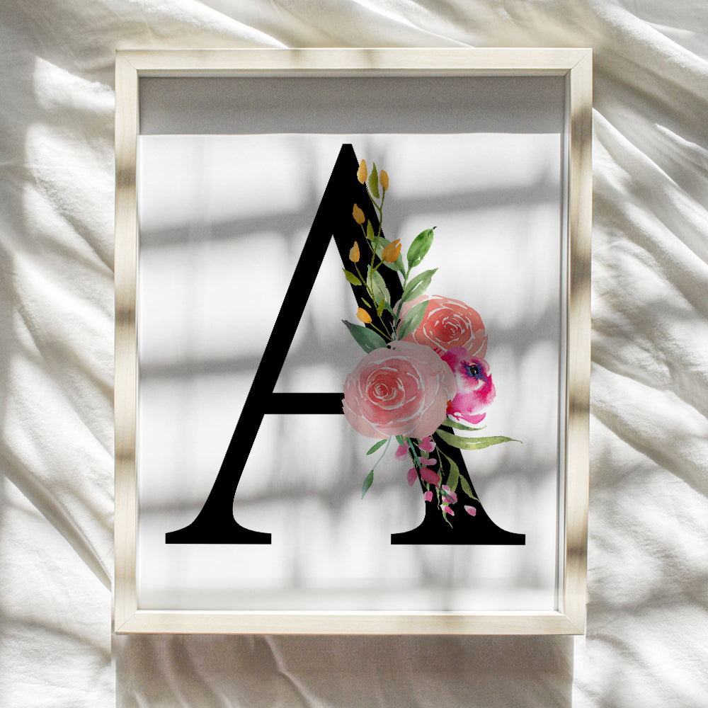 A Initial Monogram Wall Decor - Floral Art Home Decoration for Bedroom, Living Room, Bathroom, Office - Personalized Monogrammed Gift for Women, Girls, Teens - Pink Roses Sign - Unframed