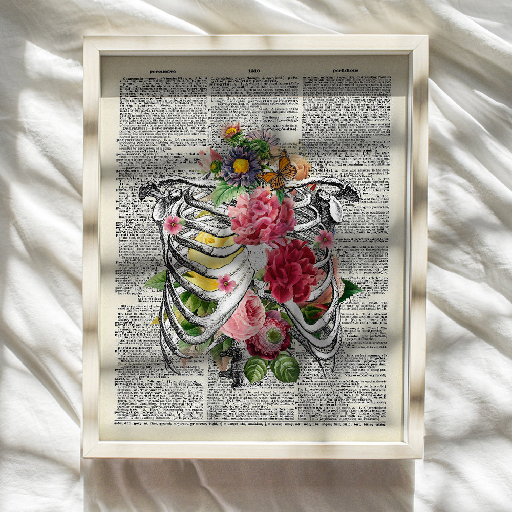 Floral Ribcage Dictionary Art - 8x10 Vintage Anatomy Room Decor, Wall or Home Decoration Poster for Bedroom, Bathroom, Medical Clinic, Doctors Office - Gift for Nurse, Physician, Dr, PA, Med Student