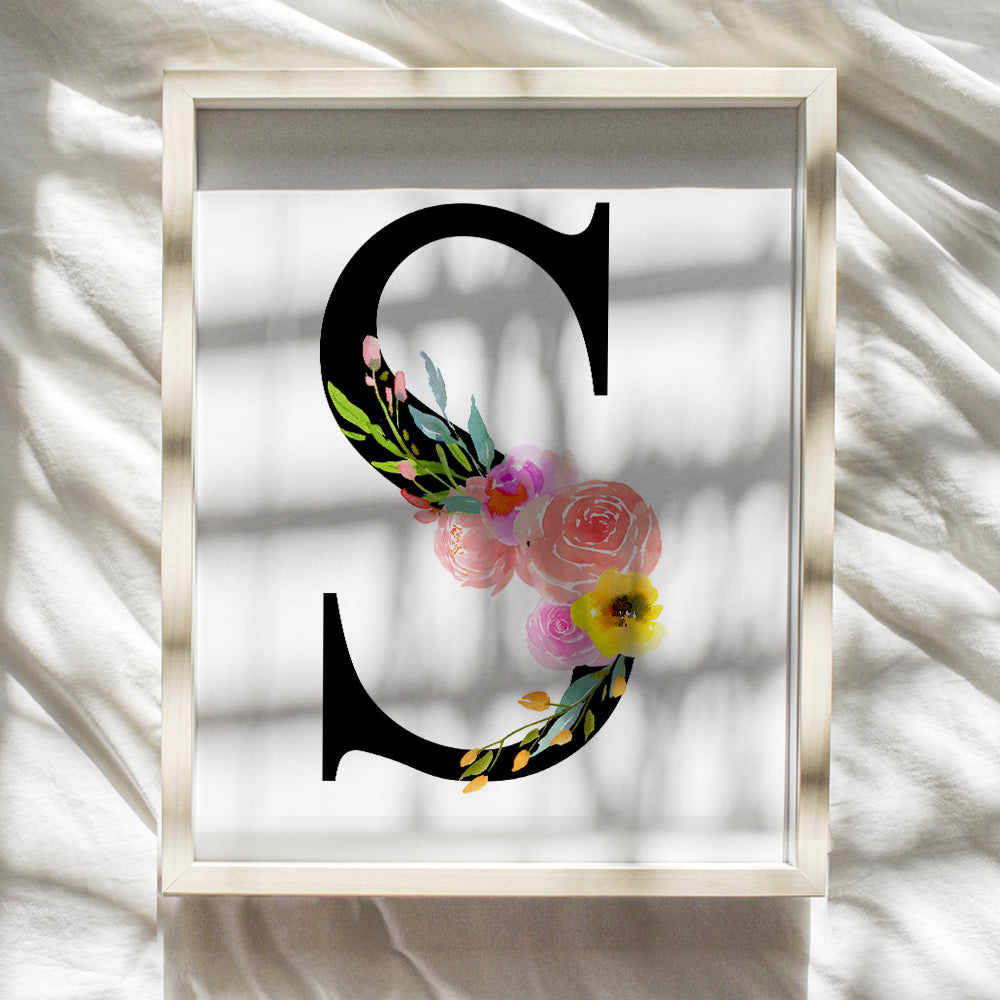 Letter S Initial Monogram Wall Decor - Floral Alphabet Art Home Decoration for Bedroom, Living Room, Bathroom, Office - Personalized Monogrammed Gift for Women, Girls, Teens - Pink Roses Sign