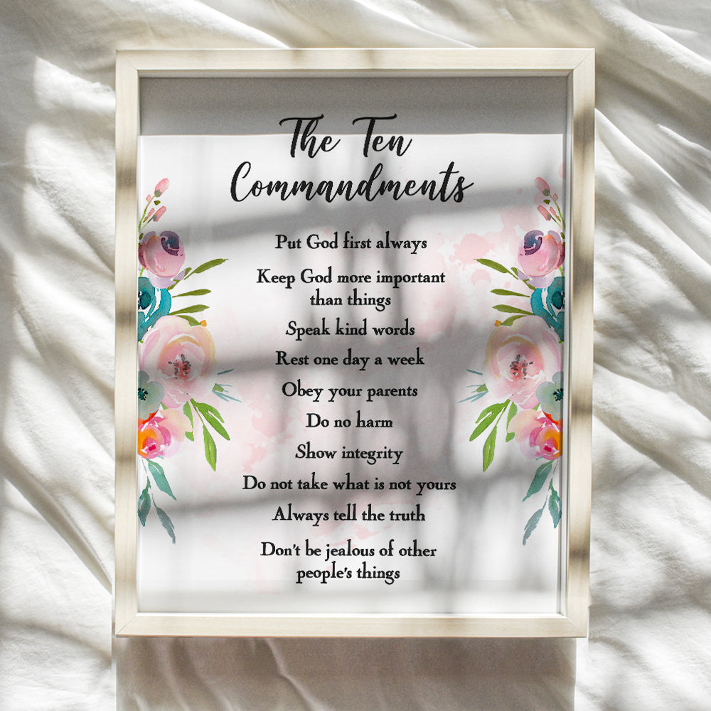 The Ten Commandments - Religious Christian Scripture, Bible Verse Wall Art - Inspirational Quotes Wall Decor - Girls Wall Decor, Kids Bedroom Decor, Kids Wall Art - Gift For Girls Room, Nursery