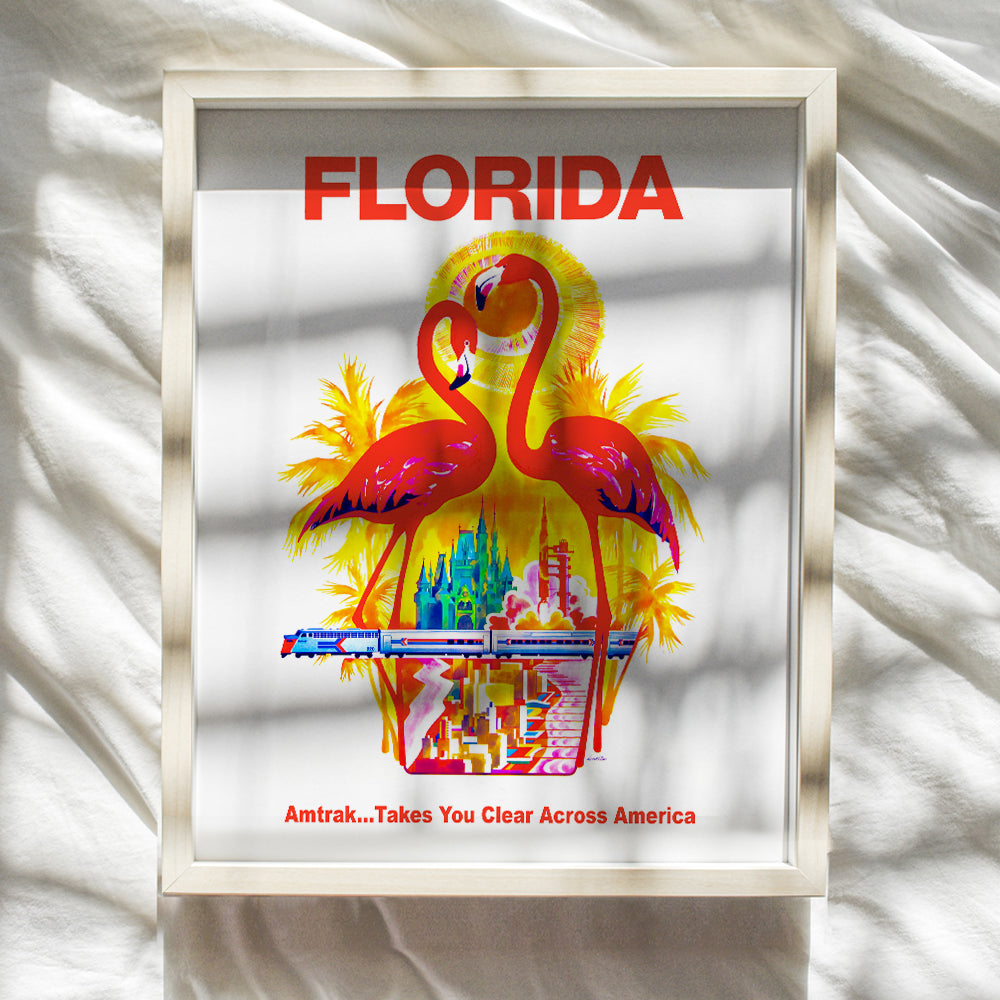 Florida Vintage Travel Poster Art Print, Wall Art Poster - Unique Home Decor for Beach House, Living Room, Kitchen, Office, Bedroom, Bathroom - Great Tropical Gift for Flamingo Lovers - 8x10 Photo