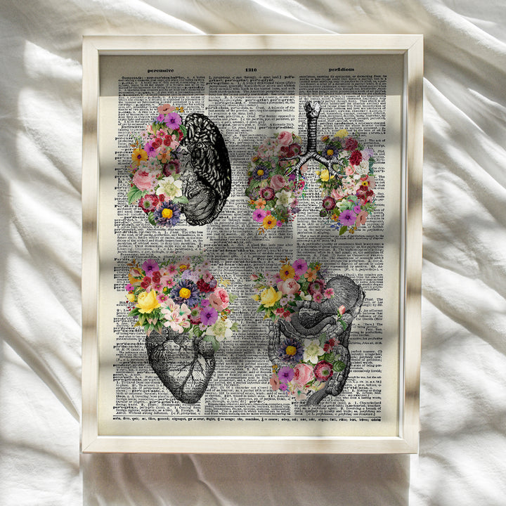 Flower Organs Dictionary Wall Art - 8x10 Vintage Decor - Upcycled Print for Home or Medical Office - Unique Steampunk Goth Room Decor - Gift for Women, Doctor, Nurse, PA, Med Student - Human Anatomy