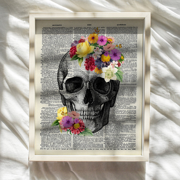 Floral Skull Dictionary Wall Art Decor Anatomy Print - 8x10 Upcycled Vintage Home Decoration for Bedroom, Bathroom - Unique Shabby Chic Gift for Steampunk, Goth Fans, Women - Unframed