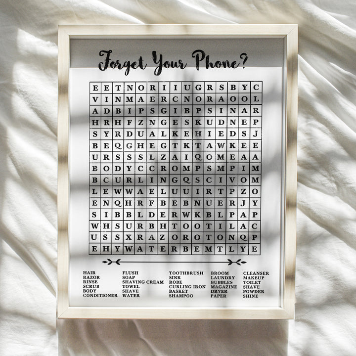 Forgot Your Phone Bathroom Sign - Funny Restroom Sign - Powder Room, Guest Bath Wall Decor - Forget Your Phone Bathroom Sign Word Search - Bathroom Wall Art Decorations - 8x10