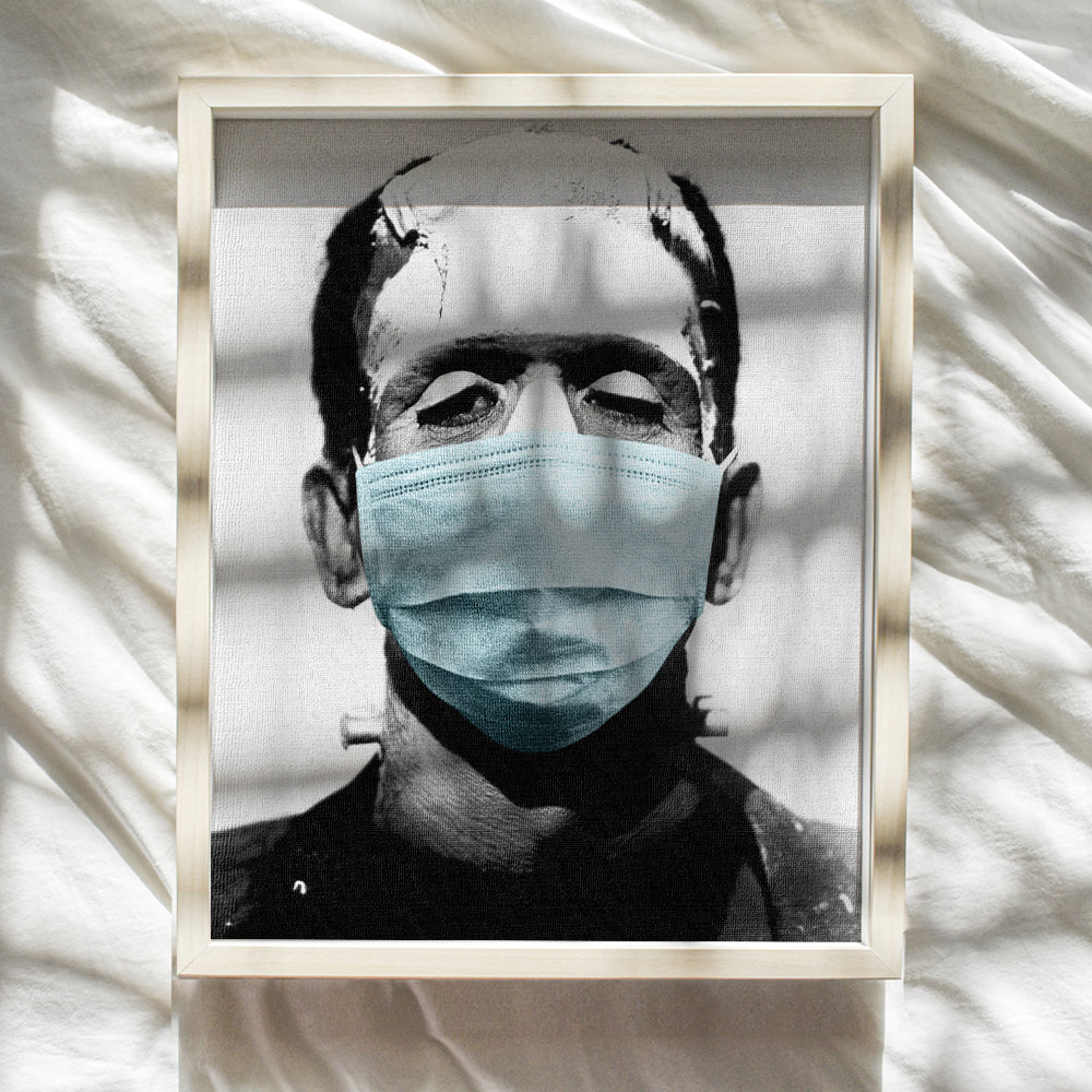 Coronavirus Covid 19 Photo of Frankenstein in Face Covering Buff Mask Wall Art - Pandemic Social Distancing Room Decor, Home Decoration - Goth Horror Movie Poster - Funny Vintage Hollywood Gift