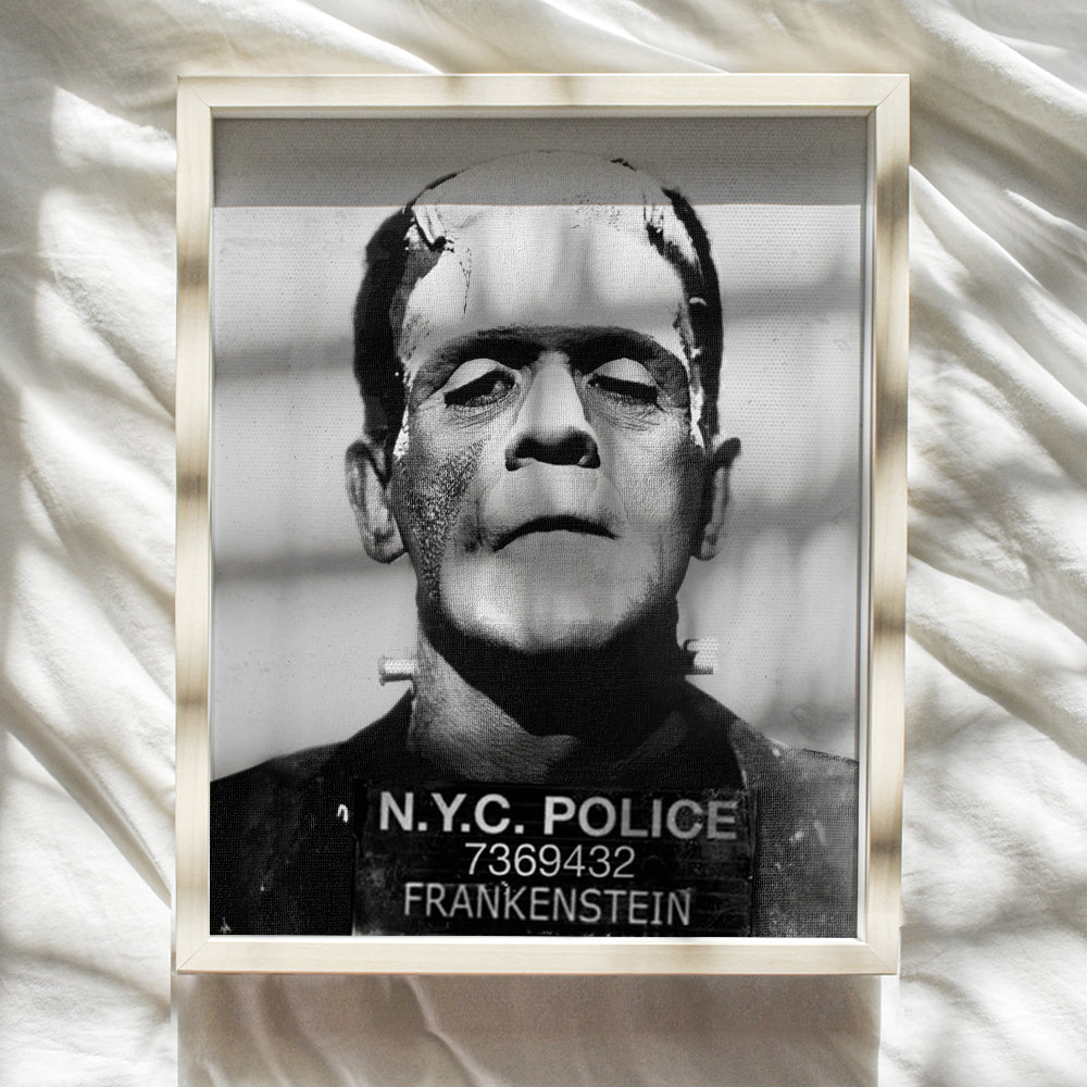 Yellowbird Art & Design Frankenstein Wall Art & Decor- New York Wall Decor - Horror Movies Wall Art - Home Theater Decor - Funny Frankenstein Mug shot Sign Poster - Goth Decor - Vintage Hollywood