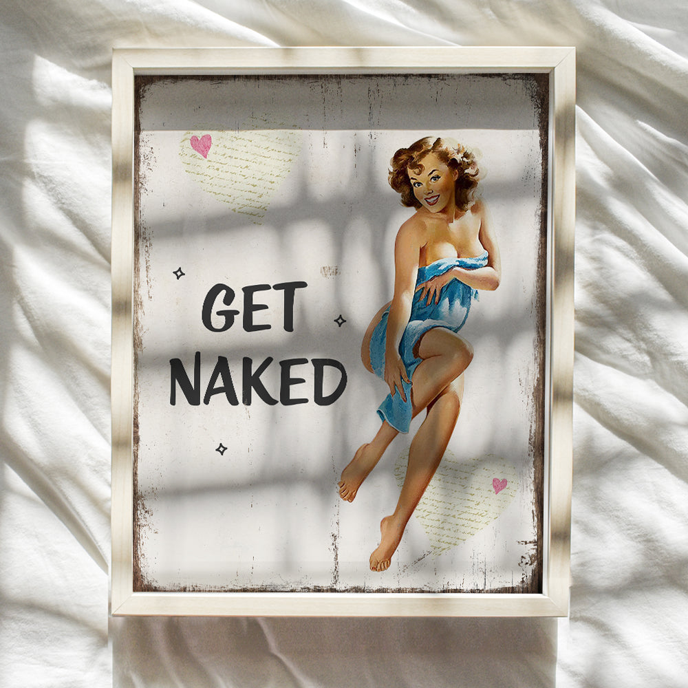 Rustic Get Naked Bathroom Wall Art Decor - Funny 1950s Vintage Plaque Photo - 8x10 Restroom Sign Poster Print for Powder Room, Bath - Cute Bathroom Decoration for Women - Blue Pinup Girl - Unframed