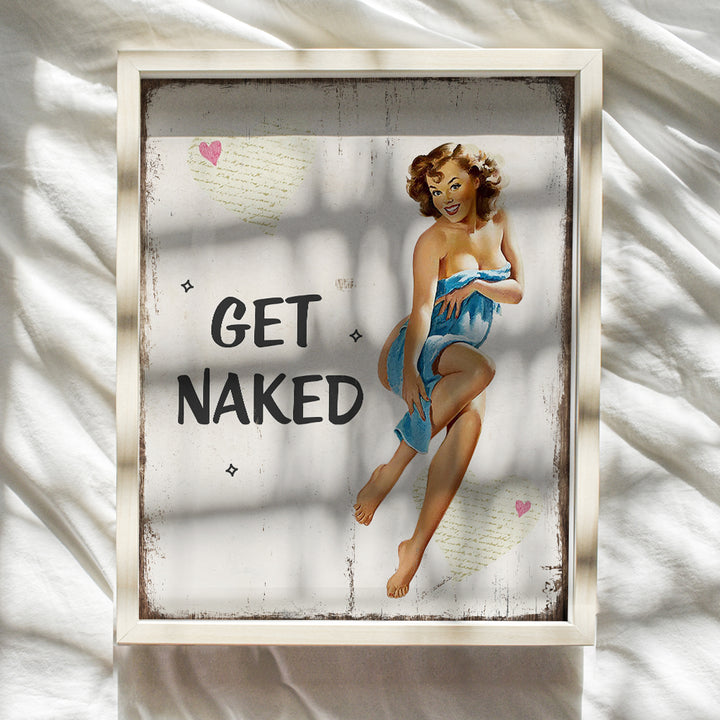 Rustic Get Naked Bathroom Wall Art Decor - Funny 1950s Vintage Plaque Photo - 8x10 Restroom Sign Poster Print for Powder Room, Bath - Cute Bathroom Decoration for Women - Blue Pinup Girl - Unframed