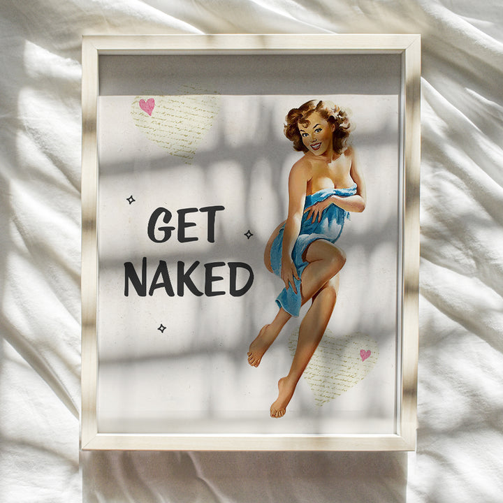 Vintage Get Naked Sign, 1950s Retro Pinup Girl Bathroom Wall Art Decor - Funny 8x10 Poster Print Gift for Powder Room, Guest Bath, Cute Bathroom Decoration for Women - Blue