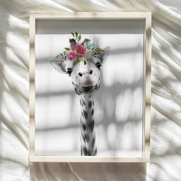 Baby Giraffe Wall Decor Print - Flower Crown Jungle Animals Wall Art Decoration for Girls Bedroom, Kids Room, Nursery - Cute Gift - Boho Shabby Chic Picture - 8x10 UNFRAMED Photo Poster