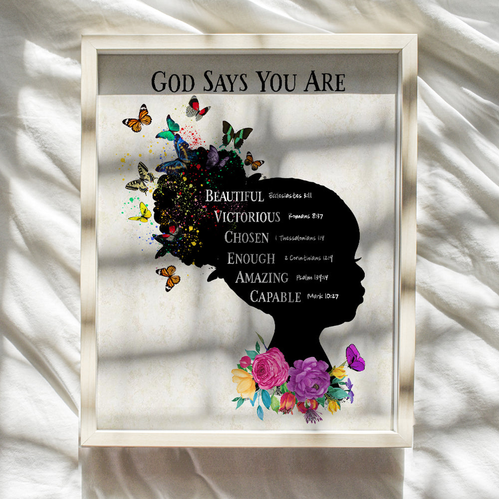 African American Girls Bedroom Wall Art & Decor - Black Art - Religious Christian Holy Scripture Bible Verses - God Says You Are - Spiritual Inspirational Positive Quotes - Uplifting Daughter Gifts