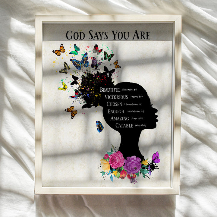 Religious Wall Art & Decor - African American Women, Girls - Christian Scripture Bible Verses - God Says You Are Inspirational Positive Quotes - Uplifting Encouragement Gifts - Afro Black Art