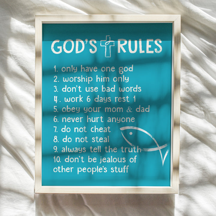 The Ten Commandments - Religious Blessed Wall Decor - Christian Scripture Wall Art - Positive Quotes Wall Decor - Blue Kids Bedroom Decor, Kids Wall Art - Gift For Baby Nursery, Boys or Toddler Room