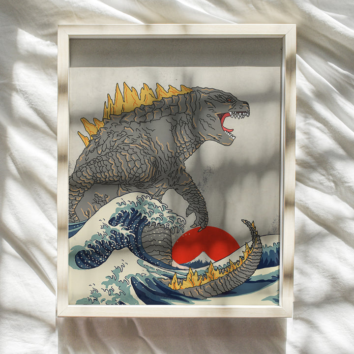 Great Wave Off Kanagawa - Godzilla Poster, Monster Movie Wall Decor, Art Print - Gift for Vintage Hollywood Horror Movie Fans - Boys Room, Teen Room Decor - 8x10 UNFRAMED Picture Print