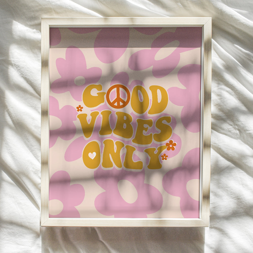 70s Hippie Aesthetic Room Decor - 60s Vintage Retro style Peace Pop art - Groovy College Dorm Room Decor for Women - Cute Pink Wall Art for Teen Girls - Good Vibes Only Sign for Preppy Bedroom, Bath