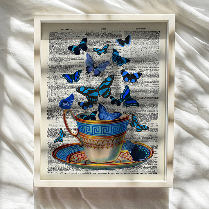 Greek Teacup and Butterflies On Photo of Dictionary Page - Unframed Wall Art Print - Perfect Easy Gift and Great For Home Decor - Ready to Frame (8x10) Photo