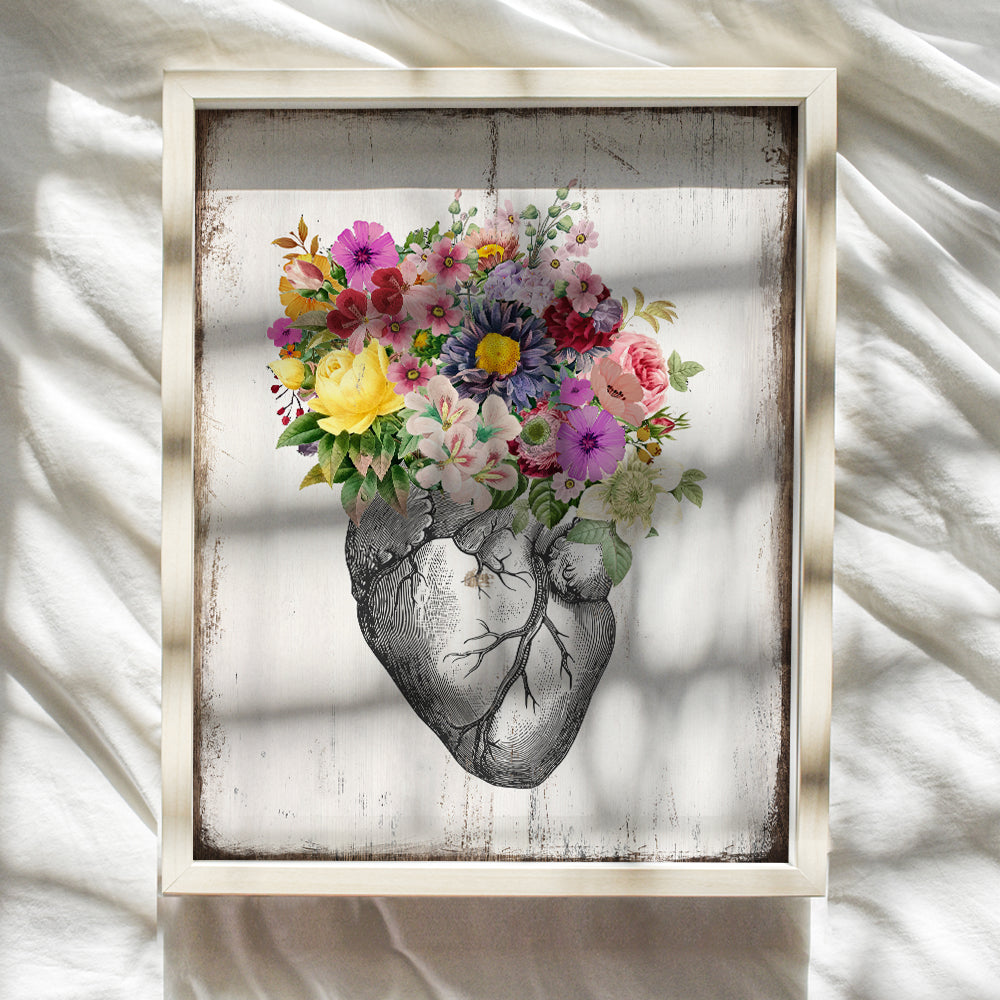 Floral Heart Rustic Wall Art - 8x10 Vintage Shabby Chic Home Decor, Decoration for Living Room, Bedroom, Bathroom, Medical Office, Hospital ER- Gift for Nurse, Doctor, RN, Physicians Assistant, Women