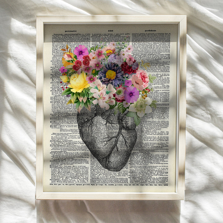 Heart Flowers Dictionary Decor - Wall Art Print - Steampunk Chic Home Decor for Medical Clinic, Dr Office- Great Gift for Doctors, Cardiologists, Nurses - Unframed 8x10 Vintage Photo